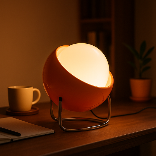Orange Bauhaus table lamp on a desk creating warm ambient light
