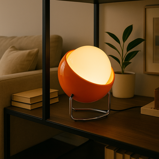A Bauhaus-inspired table lamp with a soft warm glow. Minimal, bold and perfect for bedside tables, desks, and modern cozy interiors. Plug-in powered.