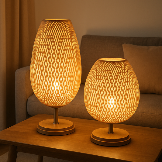 Bamboo rattan table lamp in two sizes on a wooden table with warm ambient lighting