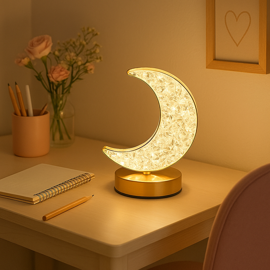 Crystal Moon Lamp glowing on a desk with warm ambient light