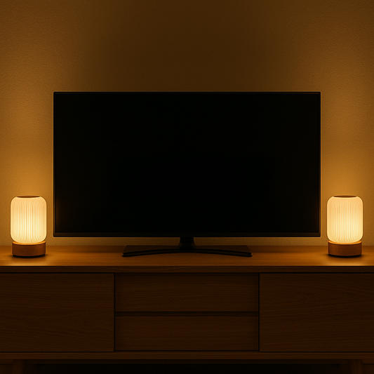 Set of two portable touch lamps on a TV console, warm ambient lighting for cozy living room decor